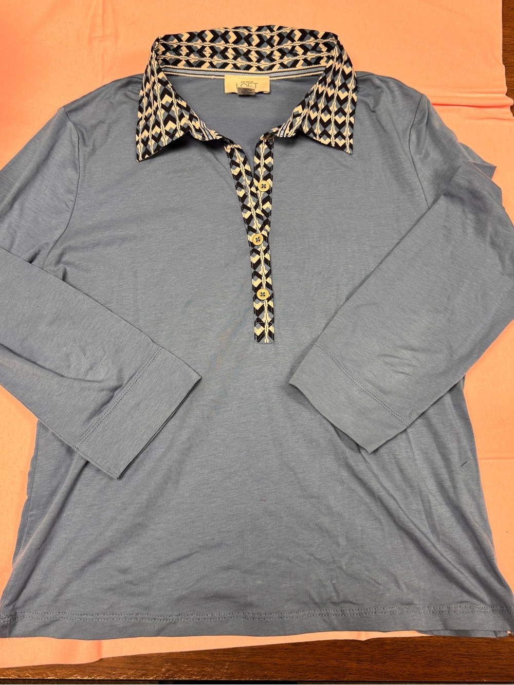 LOFT Men's Long Sleeve Polo in Dusty Blue with Patterned Collar